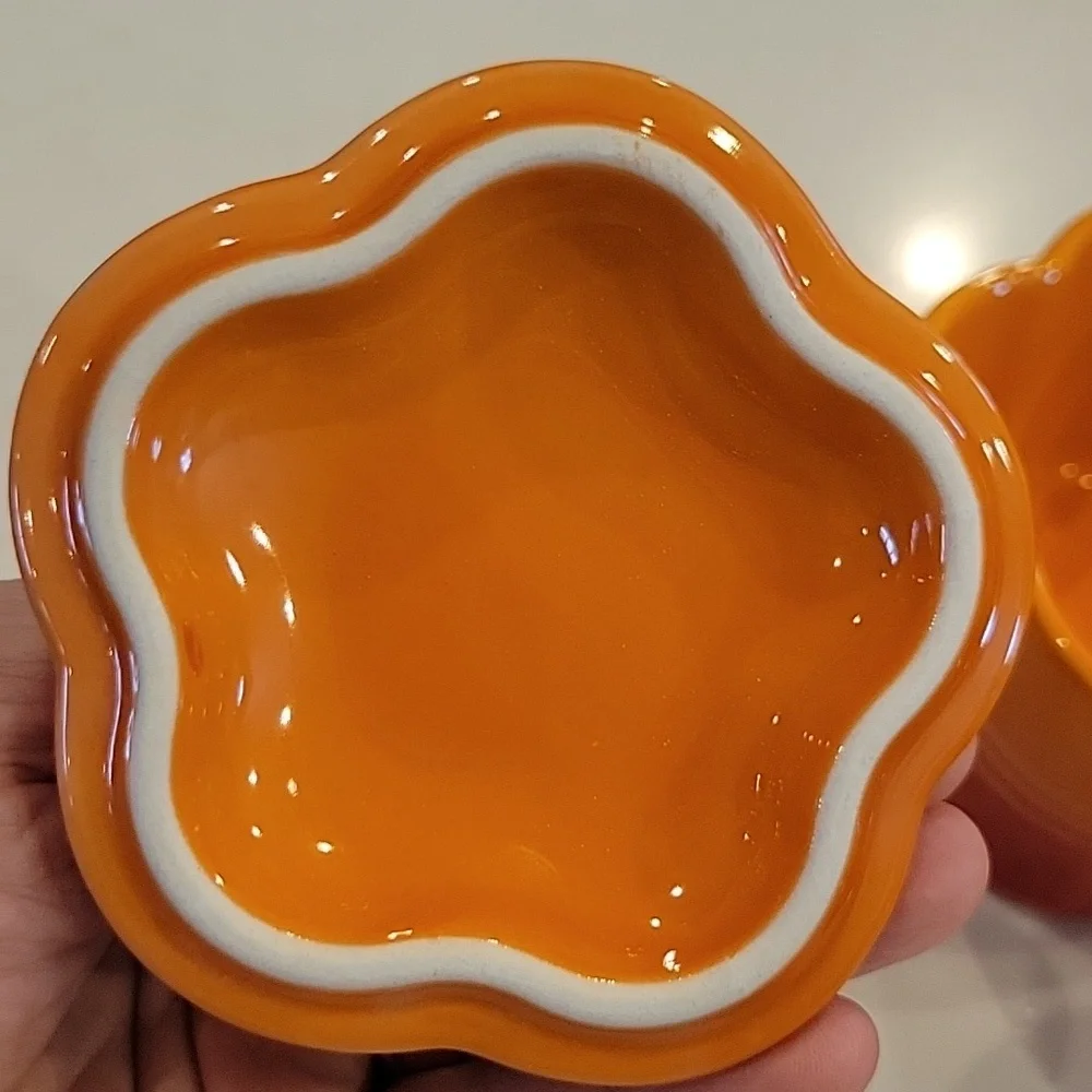 New Le Creuset Flame Orange Flower Cocotte Pair